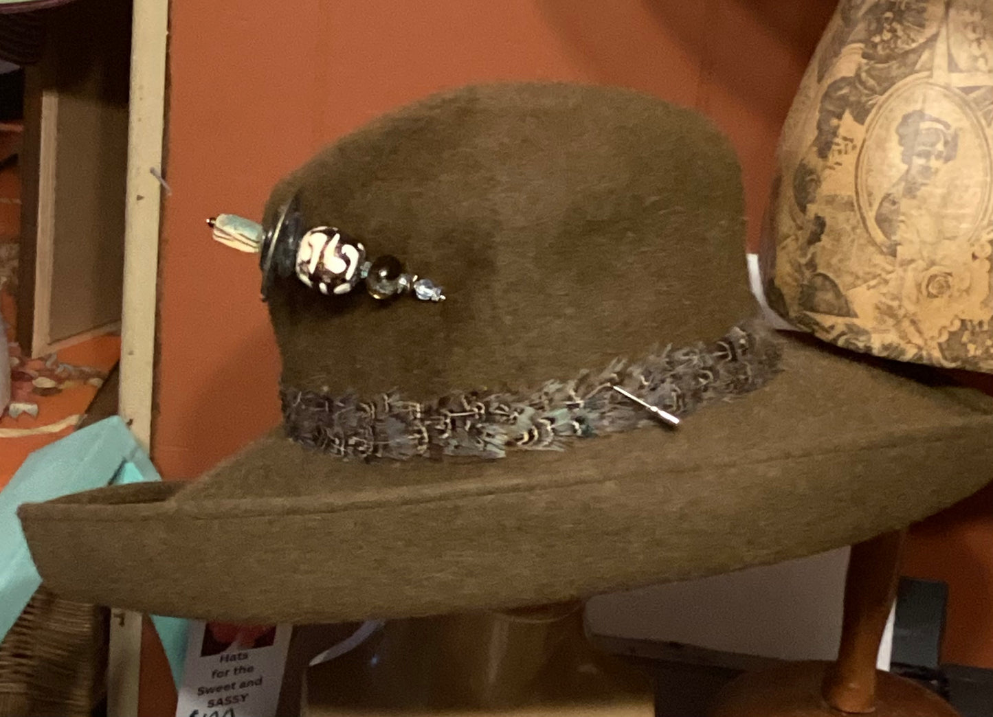 Olive/ Brown upturned brim with feather band and hat pin