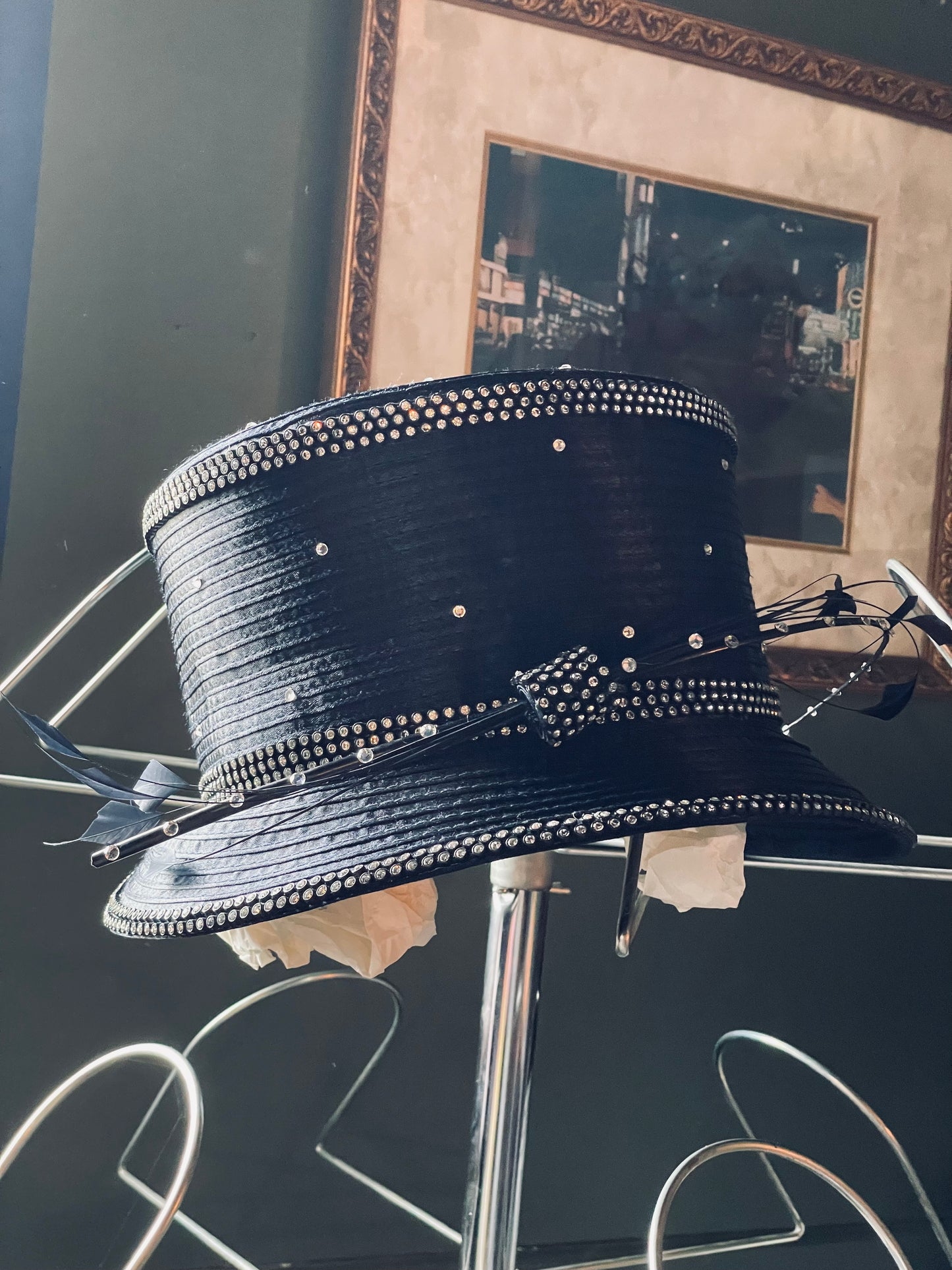 navy hat with rhinestone accents