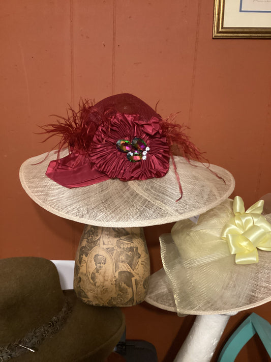 Burgandy and natural Sinamay handcrafted hat